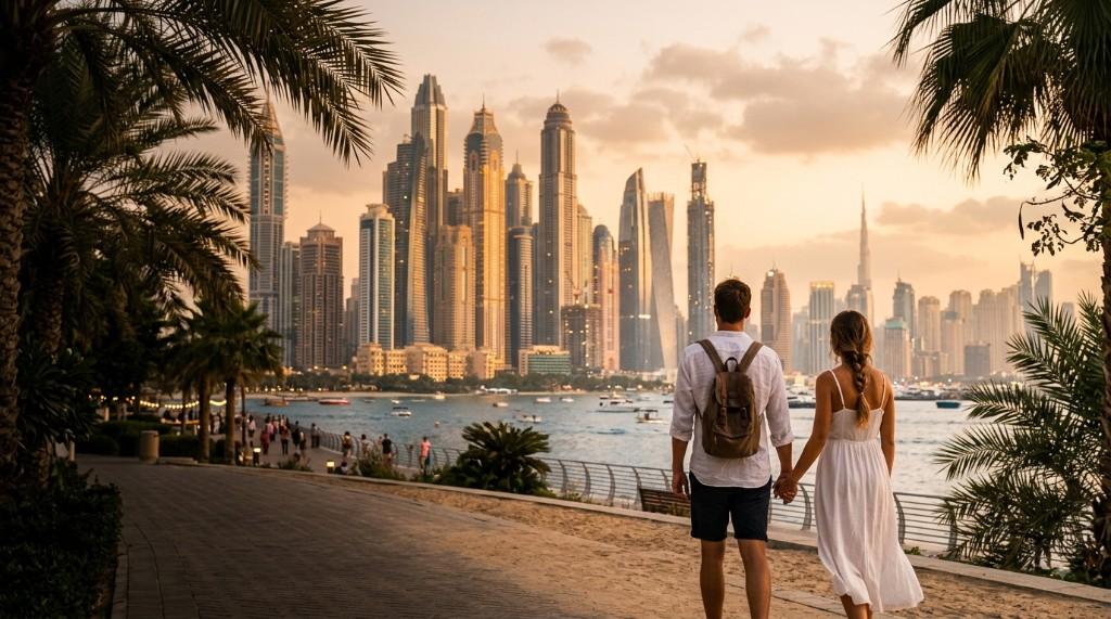 Couple overlooking Dubai Marina at sunset